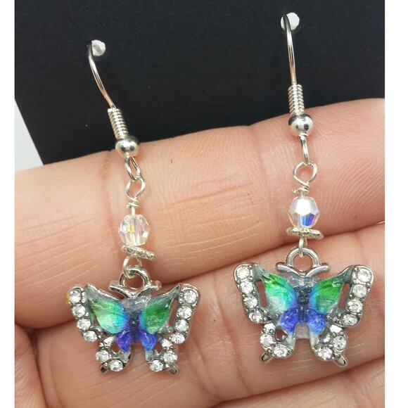 Handmade Butterfly Earrings Whimsical Colorful Dangle Blue Green Sparkle NEW - Picture 4 of 9